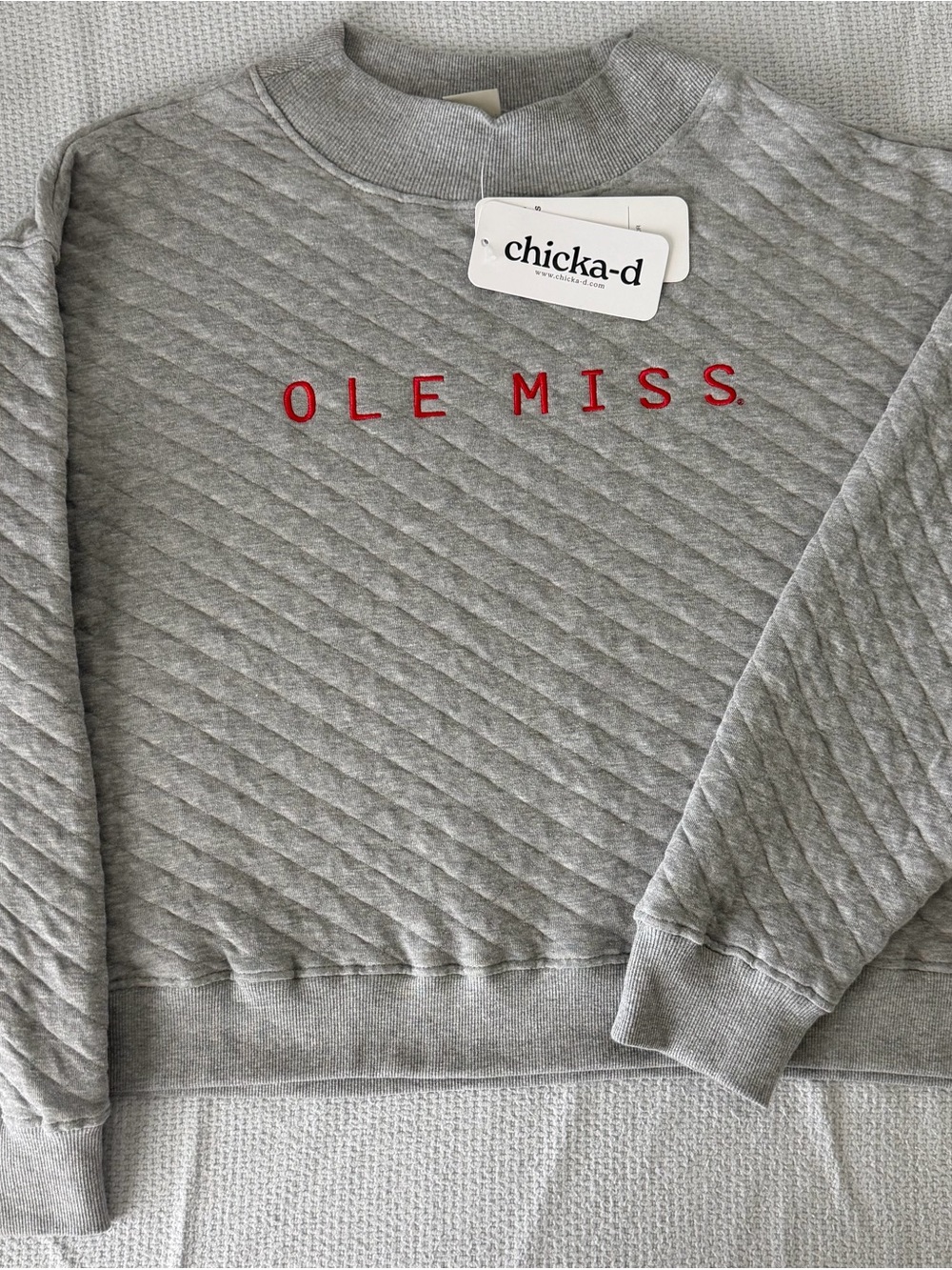 Chicka-d Gray Quilted Crewneck Sweatshirt with Red 'OLE MISS' Embroidery